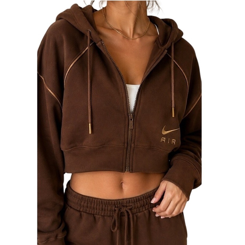 Nike Air Womens Cropped Full Zip Hoodie Brown Gold Embroidered Fleece Y2K M